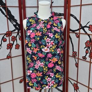 J. Crew Vibrant Floral Sleeveless Blouse - Pink and Yellow on Navy Womens Size M
